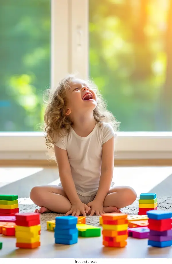 Laughing toddler girl playing with colorful wooden blocks at home