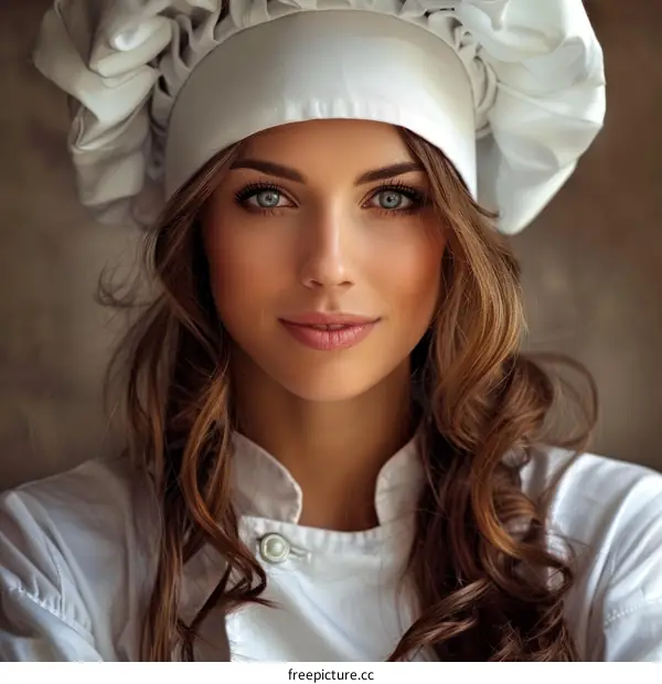 Beautiful young woman chef in a white uniform and hat