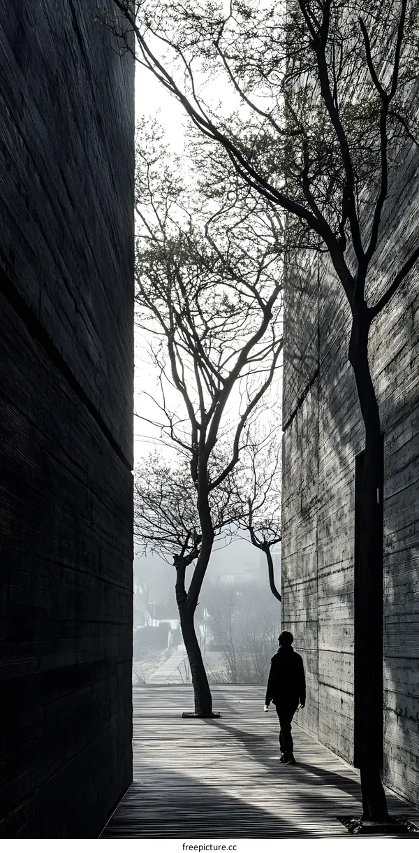 Black and White Photo of a Man Walking Away From a Tall Brick Building