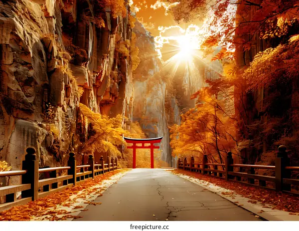Red Torii Gate in Autumn Forest Road