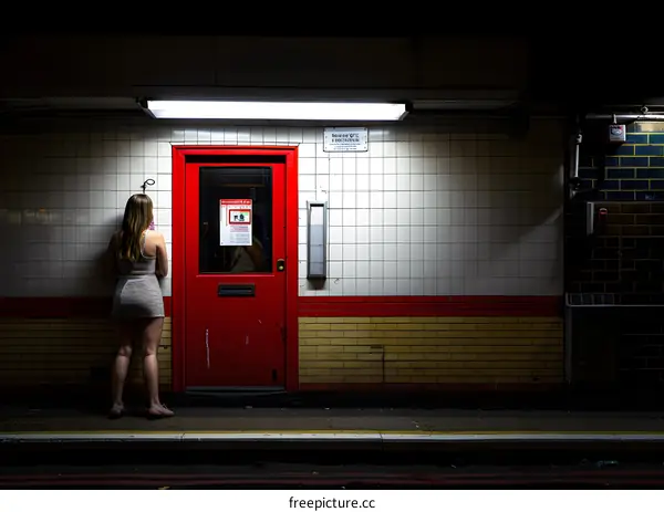 Woman Standing by Red Door at Subway Station