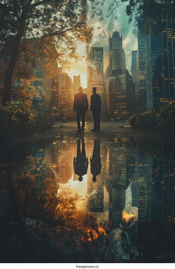 Two Businessmen Discuss Partnership in Modern City Park