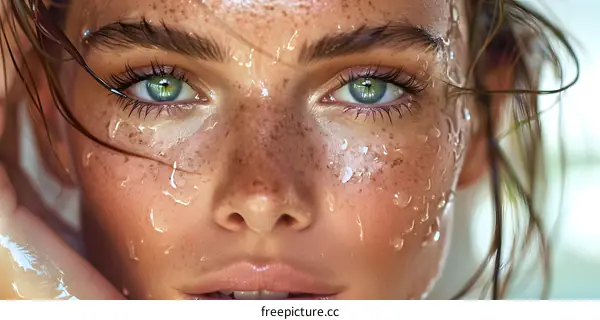 Woman with Freckles and Wet Face