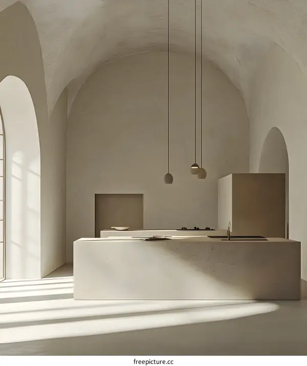 Minimalist Kitchen Design With Arched Ceiling And Natural Light