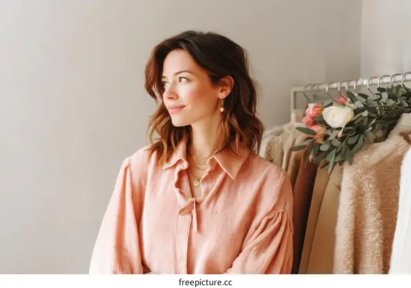 Woman in a Pink Corduroy Shirt Looking Away, Fashionable Outfit, Clothing Display