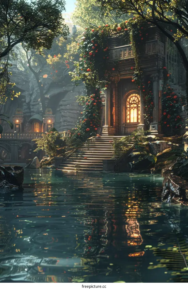 Overgrown Temple Ruins by the Lake