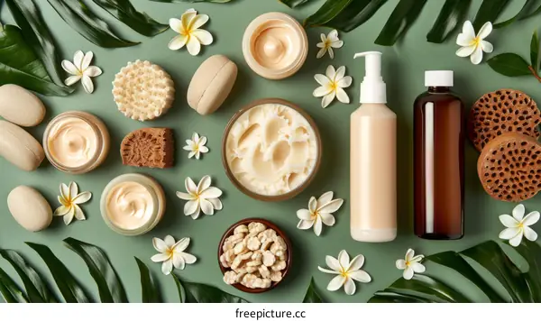 Natural skincare products with green leaves