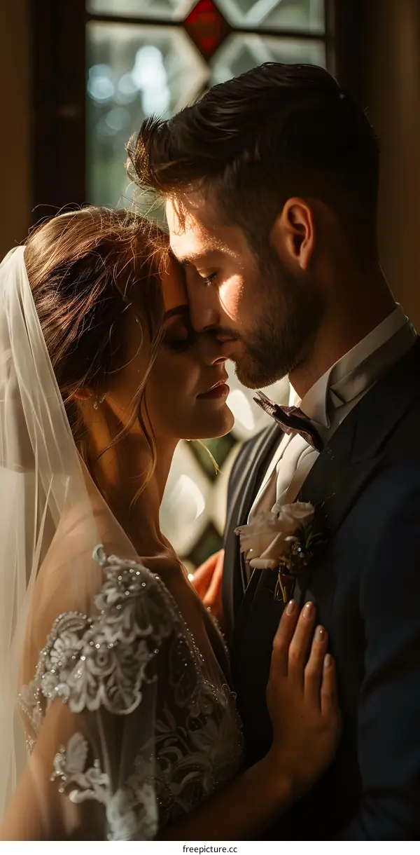 A groom and bride tenderly touch foreheads