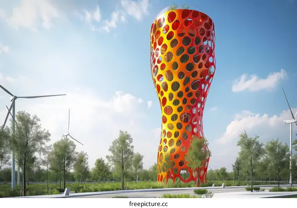 futuristic orange tower with a blue sky background