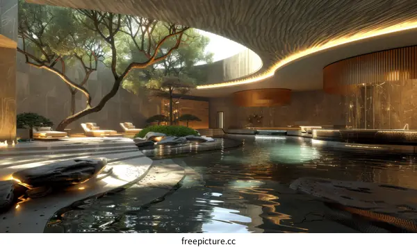futuristic hotel swimming pool with natural elements