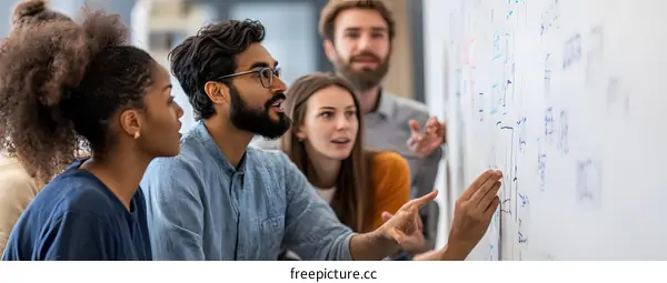 Diverse Team Discussing Ideas on Whiteboard During Brainstorming Session