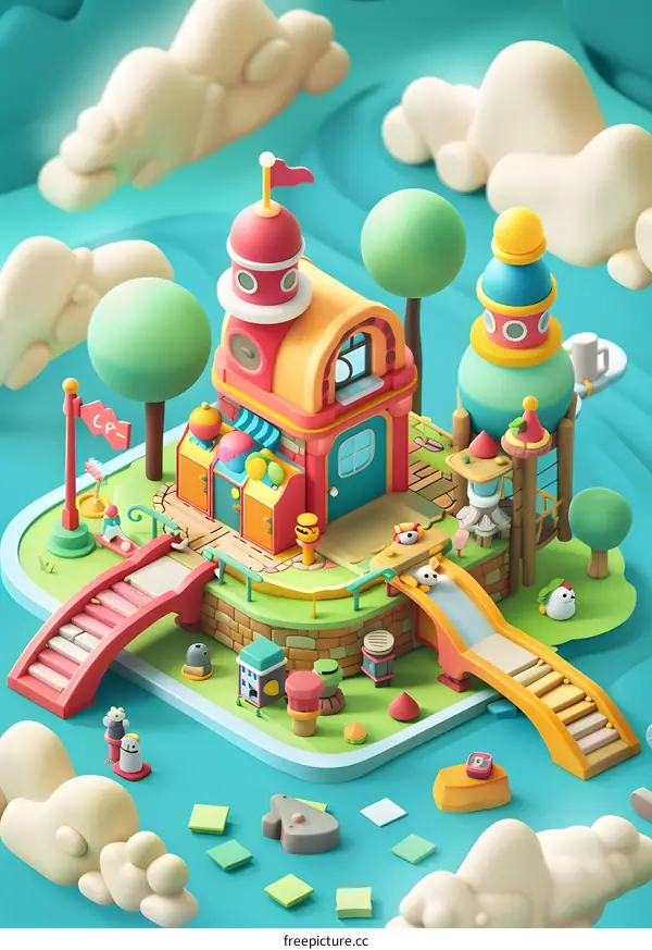 Colorful Cartoon 3D House Illustration With Playground And Surrounding Clouds