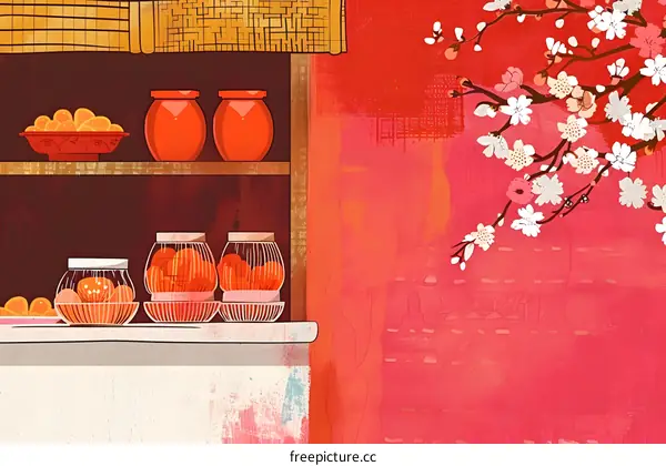 Chinese New Year Illustration with Oranges and Plum Blossoms