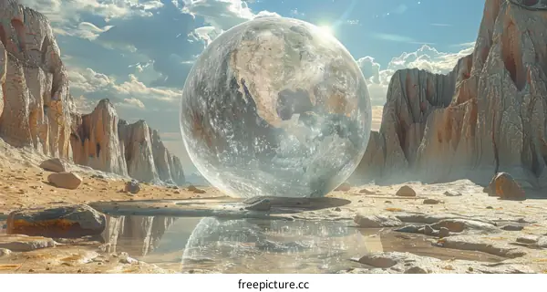 Arid Desert Landscape with Giant Glass Sphere