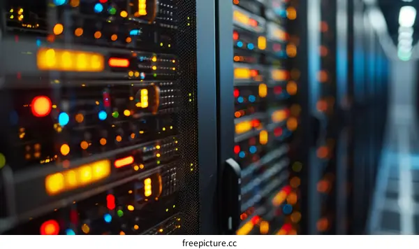 Server room with colorful lights