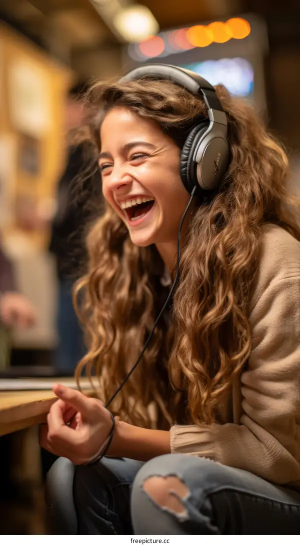 Laughing woman with headphones