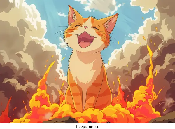 Cat sitting on a rock in front of a volcanic eruption