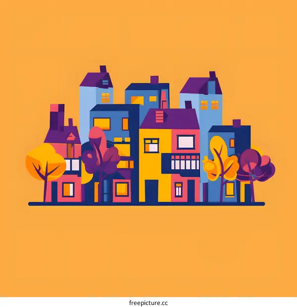 Colorful Houses on Orange Background Illustration