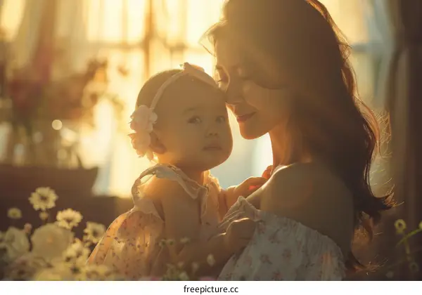 Asian mother and baby backlit by window light
