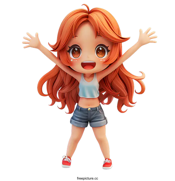 [Transparent Background PNG]cute chibi girl with orange hair and blue eyes wearing a crop top and denim shorts