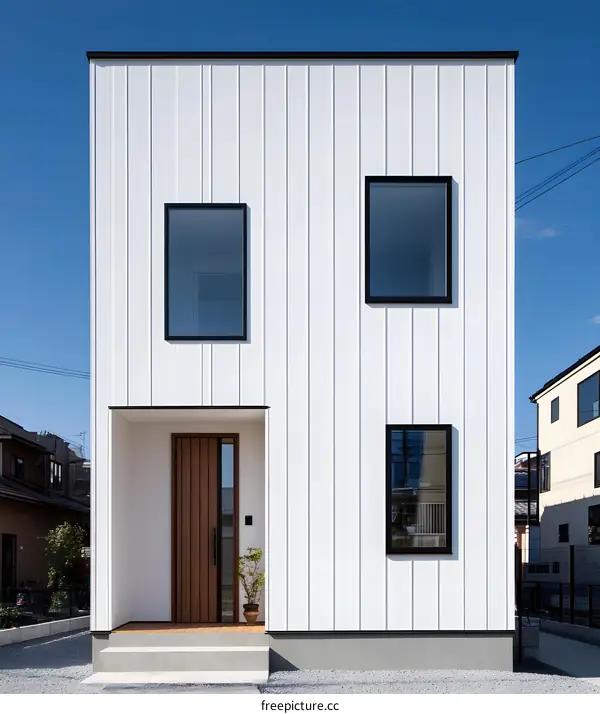 Modern White House with Black Windows and Wooden Door