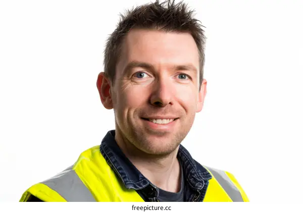 Portrait of a smiling Caucasian man wearing a yellow reflective vest