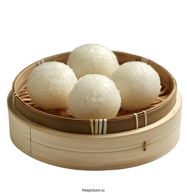 [Transparent Background PNG]Four rice balls in a bamboo steamer