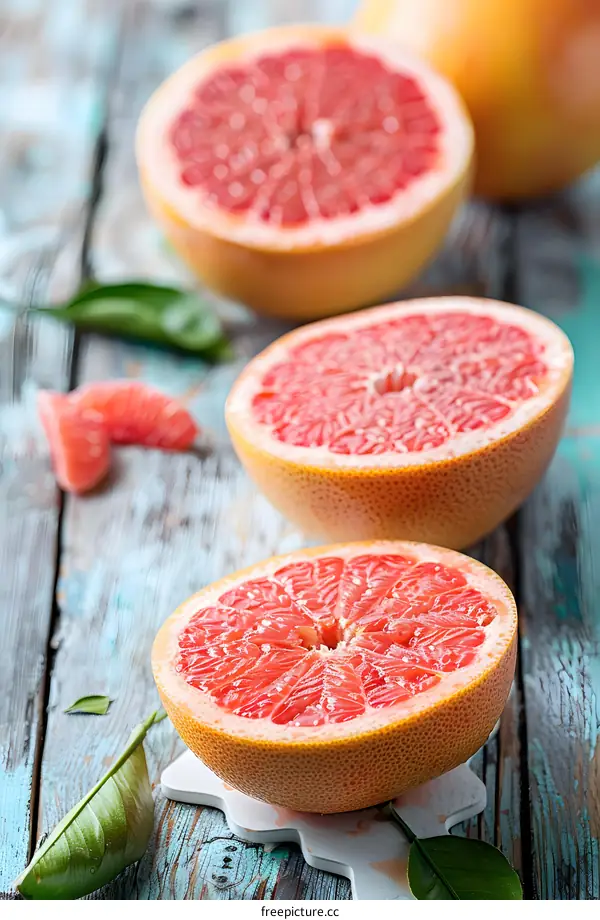 Freshly Cut Pink Grapefruit on Wooden Table