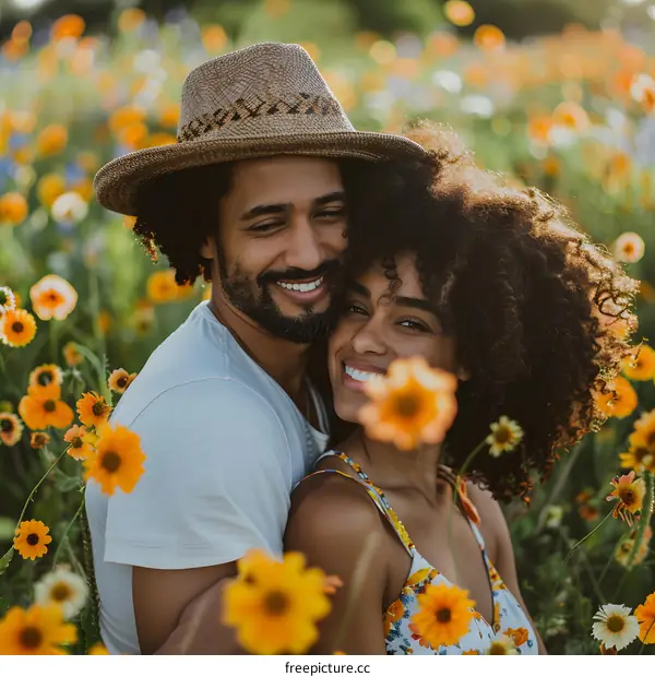 Couple Embracing in Field of Flowers