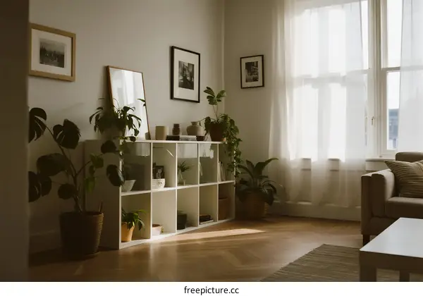 Cozy living room with plants and shelves filled with decor