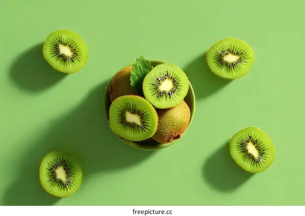 Kiwi Fruit Slices on a Green Background