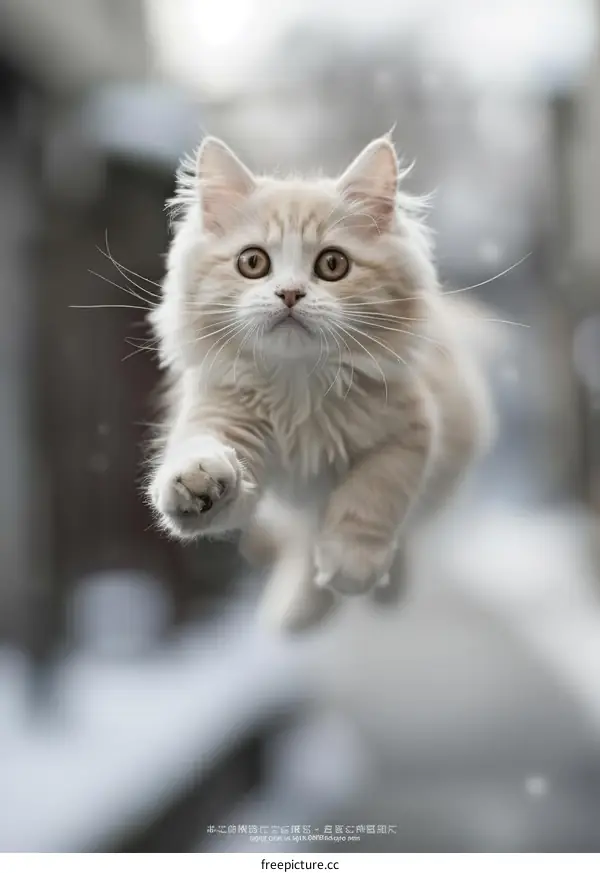 A ginger cat is jumping in mid-air