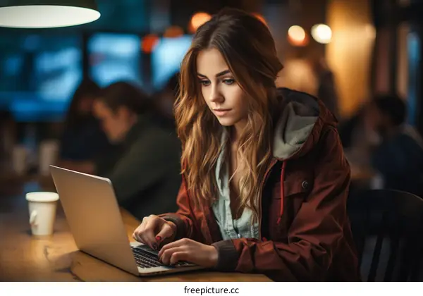 Young woman working on laptop in cafe