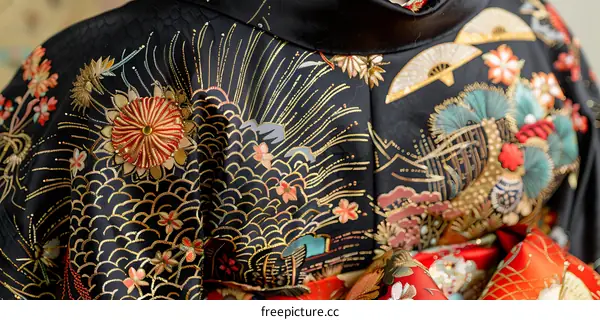 Close up of a woman wearing a kimono with traditional Japanese embroidery