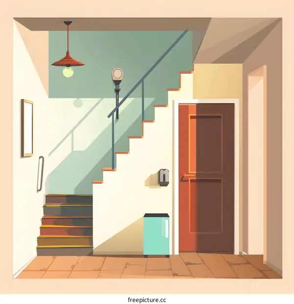 Modern Cartoon Illustration of a Staircase and Doorway