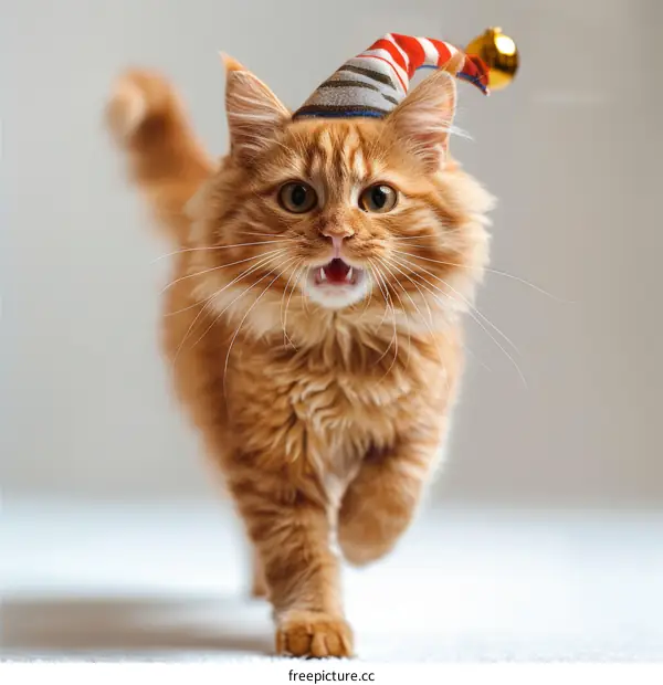 A ginger cat wearing a striped hat with a bell
