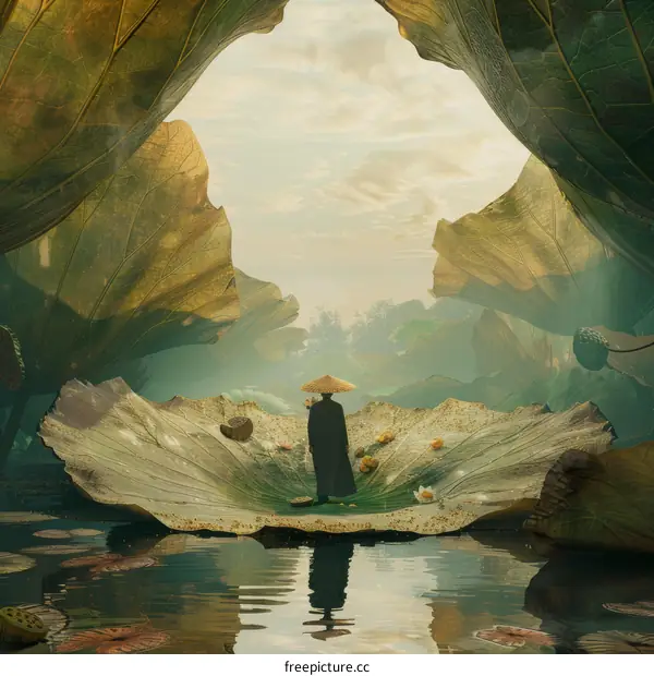 A monk standing on a lotus leaf in a pond surrounded by giant lotus leaves