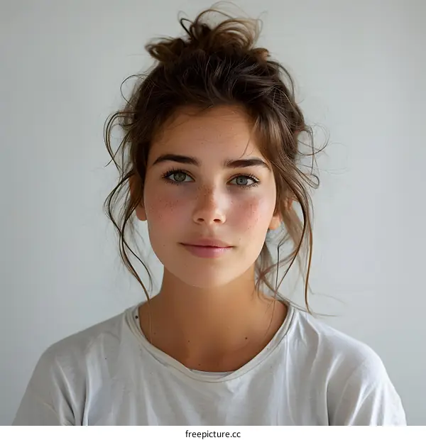 Portrait of a Young Woman with Freckles and a Messy Bun