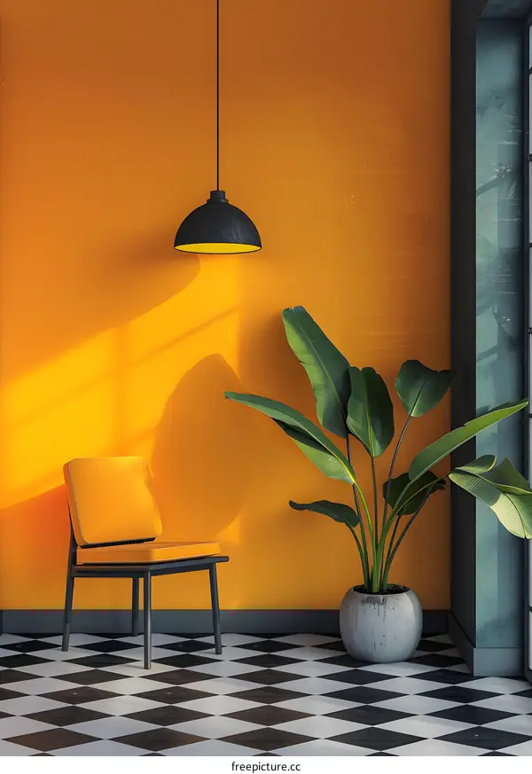 Yellow Wall Interior Design with Chair and Plant
