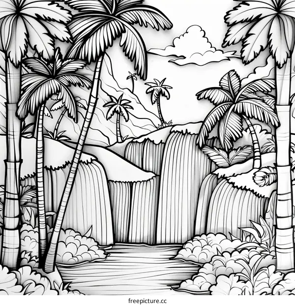 Black and white line drawing of a tropical paradise with palm trees and waterfalls