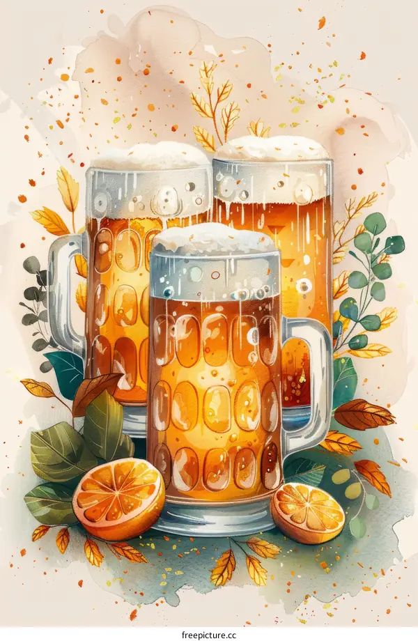 Three Beer Glasses with Orange Slices and Fall Leaves