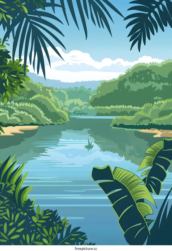 Tropical Rainforest Landscape with River and Lush Vegetation