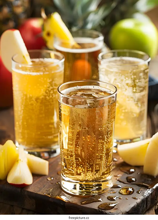 Close Up of Glasses of Sparkling Apple Cider with Slices of Apples on a Wooden Cutting Board