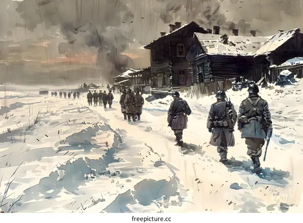 A group of soldiers walking through a snowy village during wartime