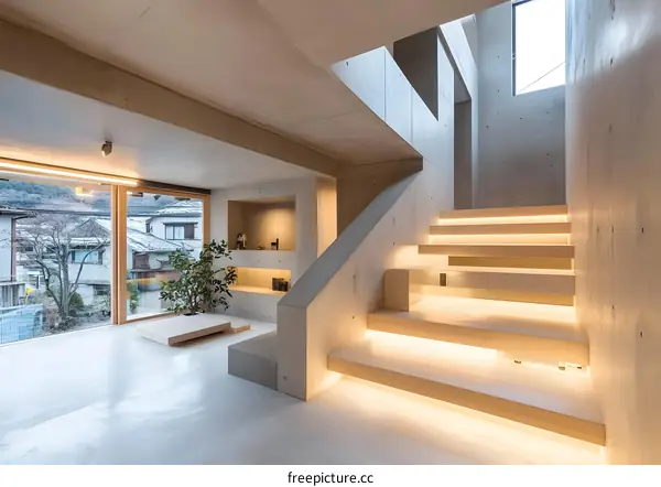 Modern Minimalist Concrete House Interior Design With Wooden Stairs