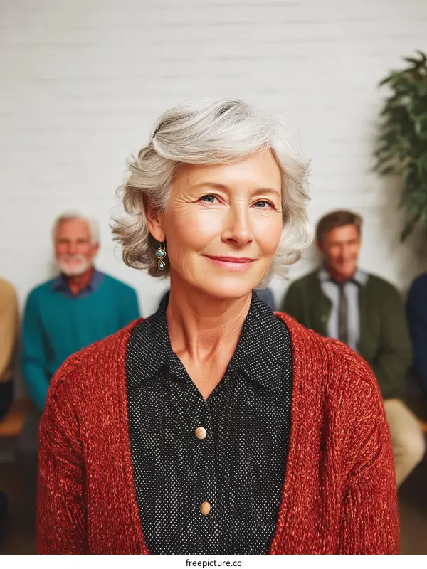 Portrait of confident elderly woman with group in background