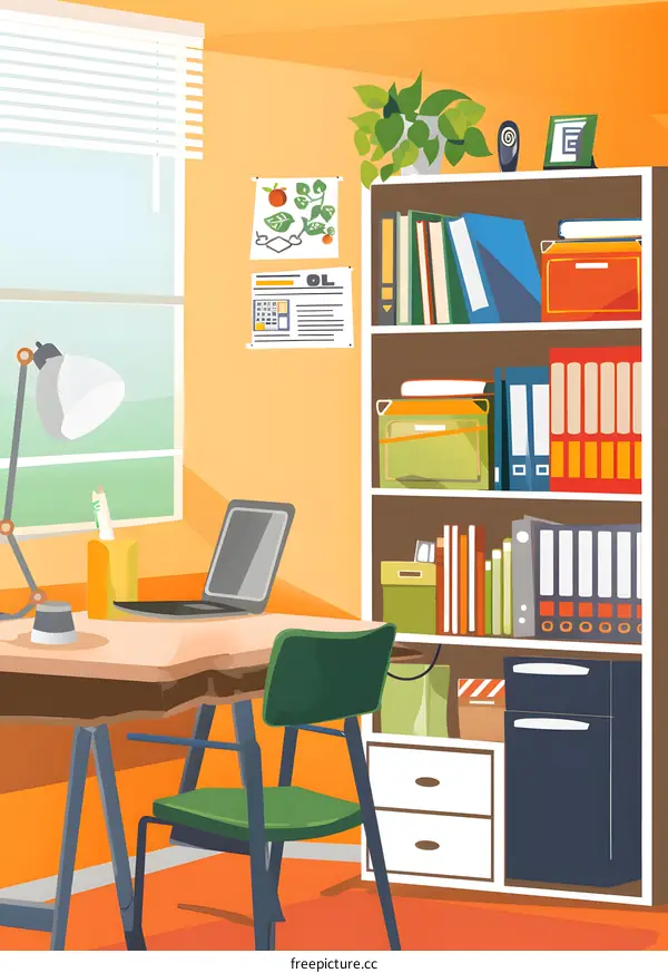 Home Office Desk With Laptop and Bookshelf