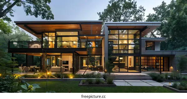 Modern Home with Large Windows and Outdoor Patio