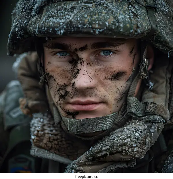 Portrait of a soldier with blue eyes and a dirty face wearing a military helmet and a winter coat.