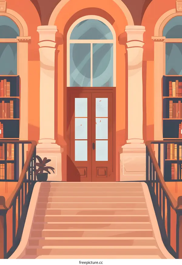 Vintage Building Entrance With Bookshelves And Stairs